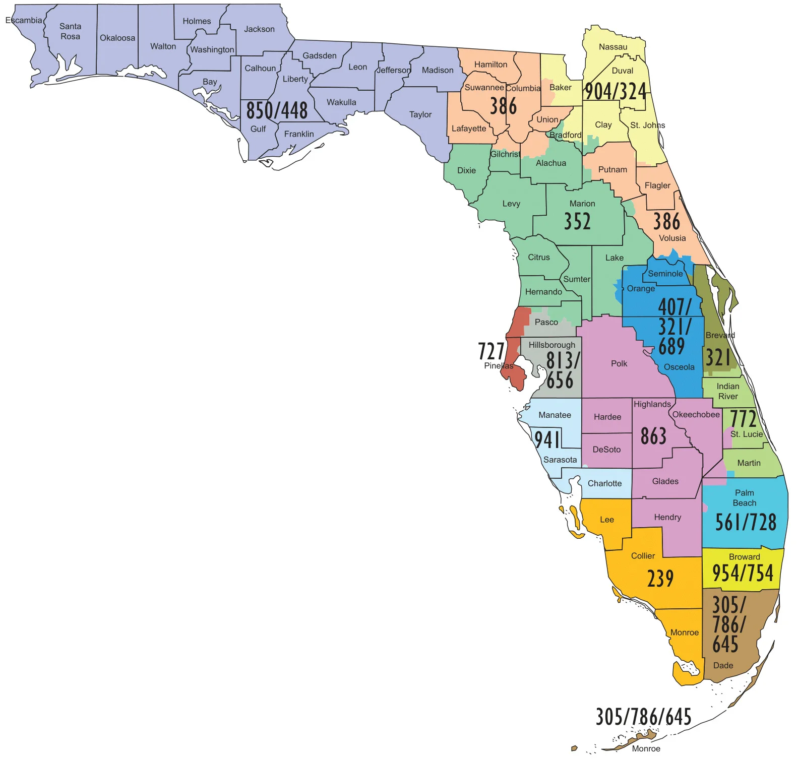 Florida Area Code Map showing all area codes across the state of Florida with color-coded regions